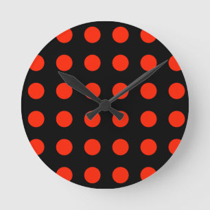 Reloj Redondo Mediano Puntos de Polka Vintage Color Rojo Negro Retro Clá