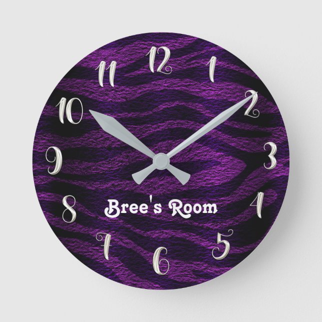 Reloj Redondo Mediano Purple & Black Funky Zebra Print Personalized (Anverso)