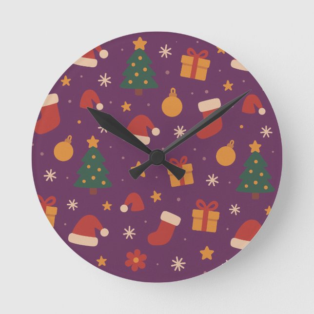 Reloj Redondo Mediano Purple Christmas Pattern Aesthetic – Cute Holiday  (Anverso)