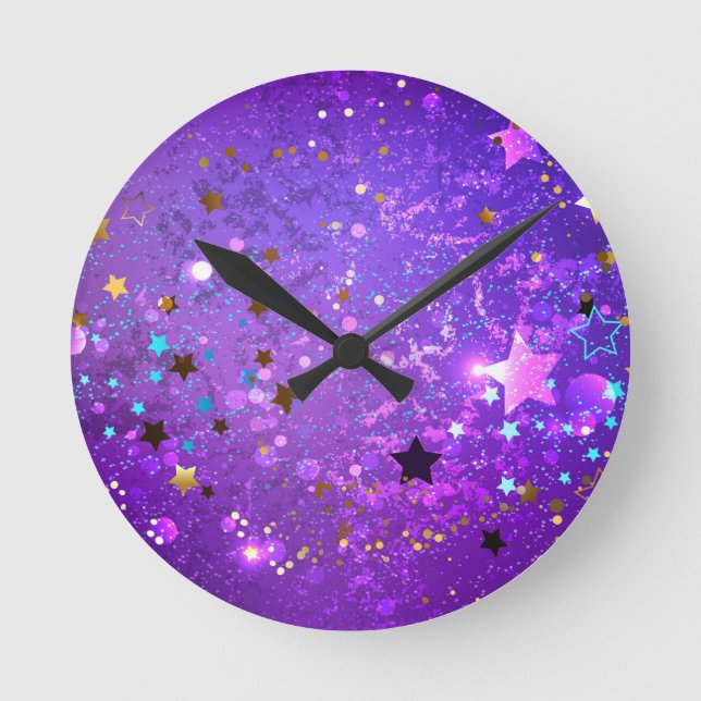 Reloj Redondo Mediano Purple foil background with Stars (Anverso)