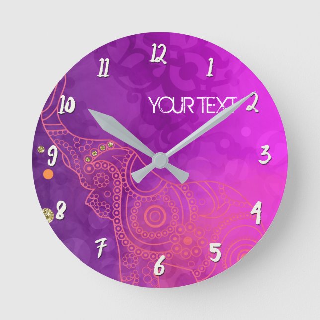 Reloj Redondo Mediano Purple Pink Glam Elephant Personalized Custom (Anverso)