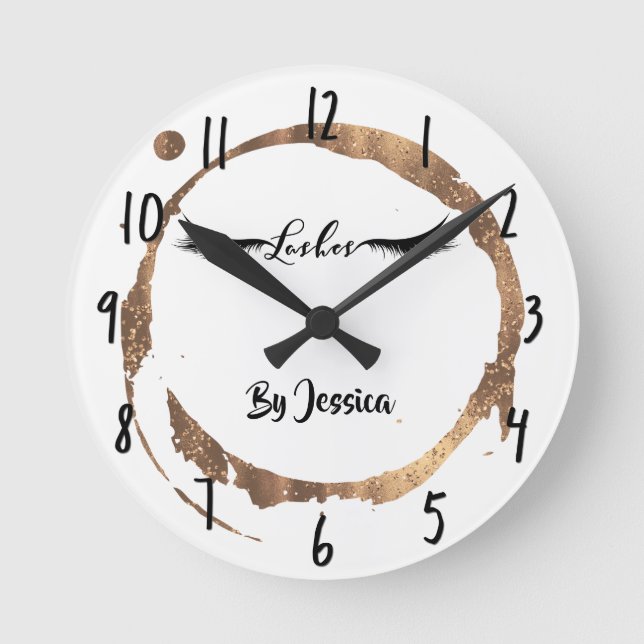 Reloj Redondo Mediano Purpurina de bronce Gold Stain Moderno Glam Lashes (Anverso)