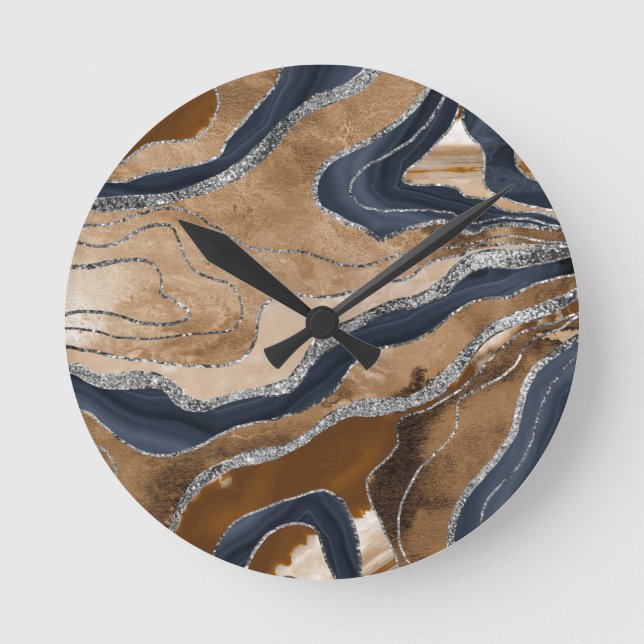 Reloj Redondo Mediano Purpurina de plata de la Marina Azul de Mármol Azu (Anverso)