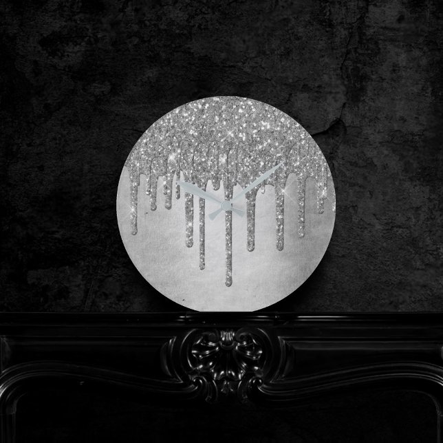 Reloj Redondo Mediano Purpurina de Silvery de goteo | Platinum Faux Meta (Subido por el creador)