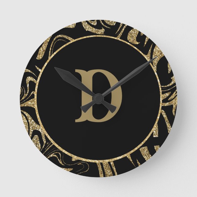 Reloj Redondo Mediano Purpurina dorado Sparkle y monograma elegante negr (Anverso)