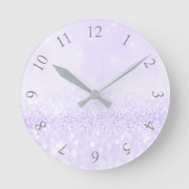 Reloj Redondo Mediano Purpurina gris plateado Lavanda mínima Purple (Anverso)