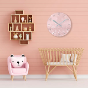 Reloj Redondo Mediano Purpurina gris plateado Rubor rosa rosado mínimo