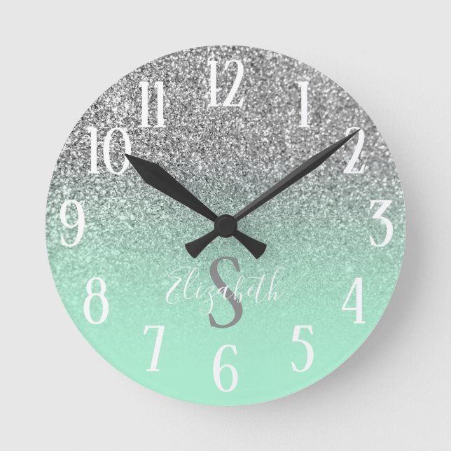 Reloj Redondo Mediano Purpurina Monogramado Mint Green y Silver Ombre (Anverso)