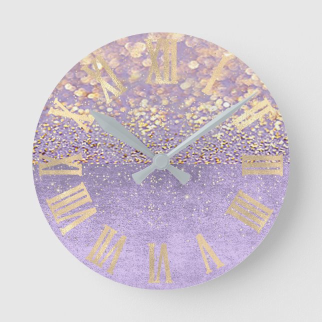 Reloj Redondo Mediano Purpurina morado Amethyst Lavender Confetti Gold (Anverso)