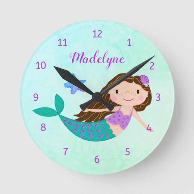 Reloj Redondo Mediano Purpurina morado de sirena (Anverso)
