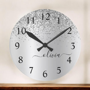 Reloj Redondo Mediano Purpurina plateado Glam Monograma Metalizado Nombr