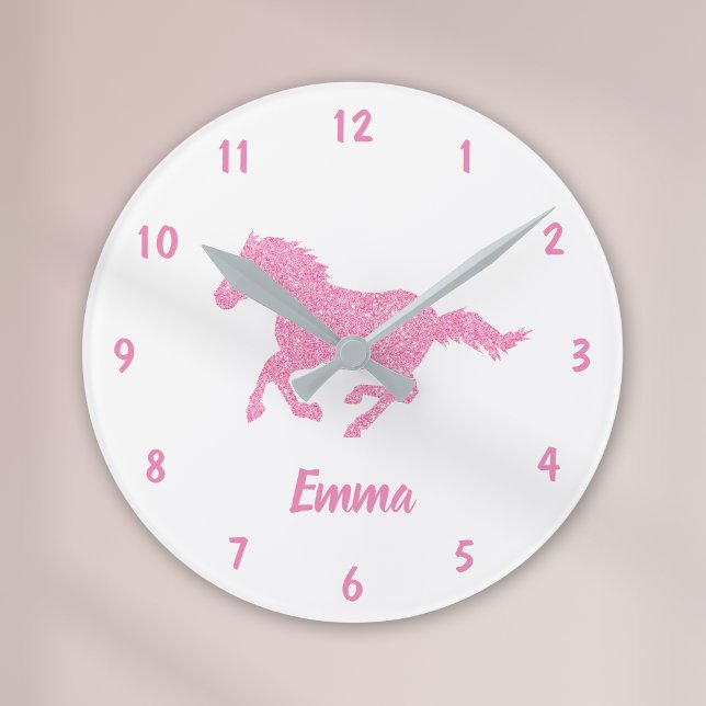 Reloj Redondo Mediano Purpurina Rosa Patrón de Caballo Niña Pequeña Nomb (Subido por el creador)