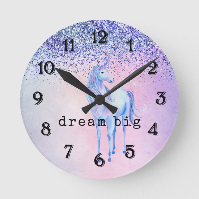 Reloj Redondo Mediano Purpurina Unicornio Púrpura Azul Rosa (Anverso)