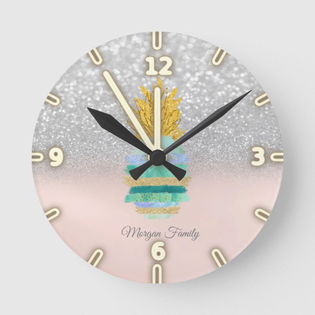 Reloj Redondo Mediano Purpurina verde piña Purpurina Plata Bokeh  (Anverso)