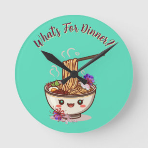 Reloj Redondo Mediano "¿Qué hay para cenar?" Tazón de Ramen Anime Verde 