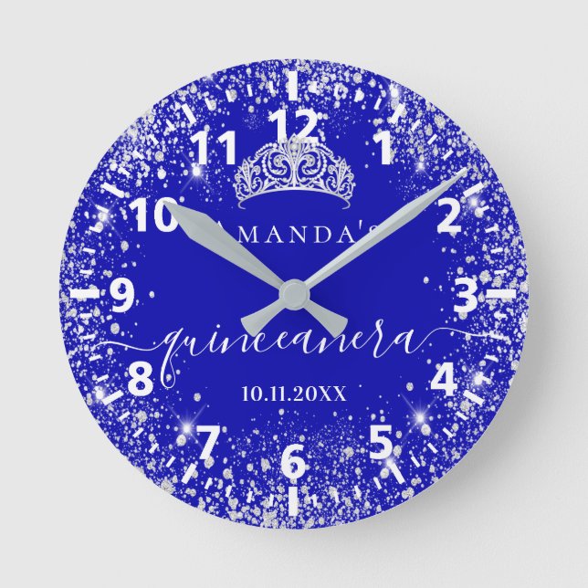 Reloj Redondo Mediano Quinceanera royal blue silver glitter tiara name (Anverso)