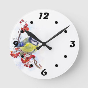 Reloj Redondo Mediano Rama de ilustracion de pájaro de invierno acuáti