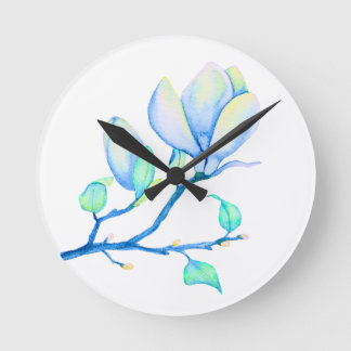 Reloj Redondo Mediano Rama de magnolia acuarela azul verde botánica
