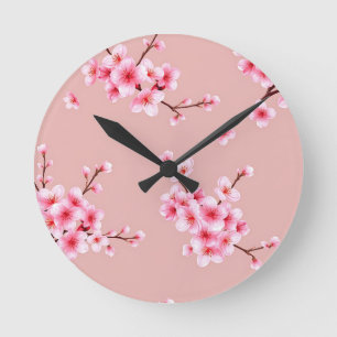 Reloj Redondo Mediano Ramas de flor de cerezo rosa patrón
