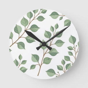 Reloj Redondo Mediano Ramas frondosas verdes salvia Botánico acuarela 