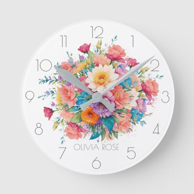 Reloj Redondo Mediano Ramo de flores de acuarela pastel personalizado (Anverso)