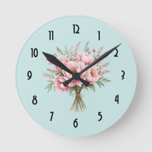 Reloj Redondo Mediano Ramo de flores de peonía rosa bonita