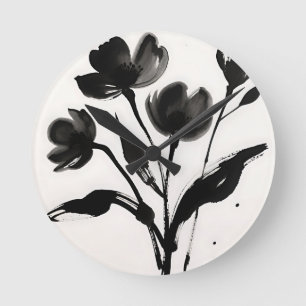 Reloj Redondo Mediano Ramo de flores de tinta negra