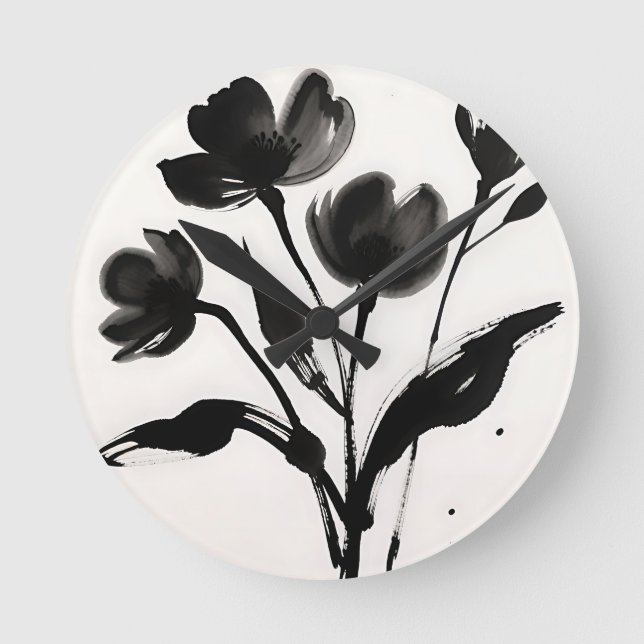 Reloj Redondo Mediano Ramo de flores de tinta negra (Anverso)