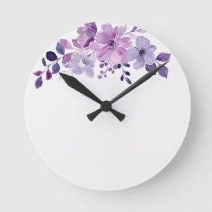 Reloj Redondo Mediano Ramo de flores púrpura acuarela