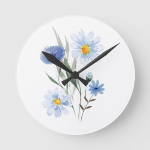 Reloj Redondo Mediano Ramo de flores silvestres botánicas azules Acuar