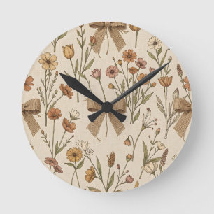 Reloj Redondo Mediano Ramo de flores silvestres rústicas con lazos de ar