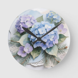 Reloj Redondo Mediano Ramo de Hortensias Azules Aquarela Serenidad