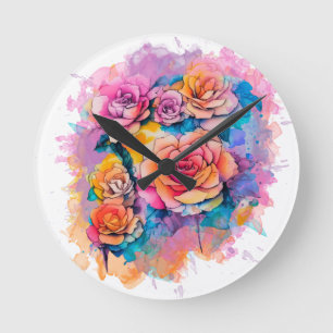 Reloj Redondo Mediano Ramo de Rosas con Toques de Acuarela Moderna
