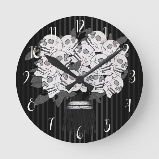Reloj Redondo Mediano Ramo de Rosas del cráneo blanco y negro (Anverso)