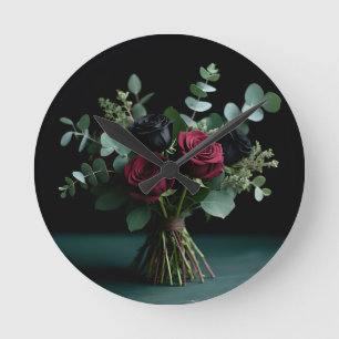 Reloj Redondo Mediano Ramo de rosas negras rojo oscuro Elegancia