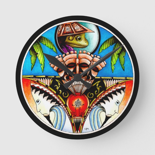 Reloj Redondo Mediano Rana del tatuaje tiki (Anverso)