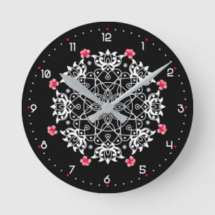 Reloj Redondo Mediano Rangoli blanco con hibisco