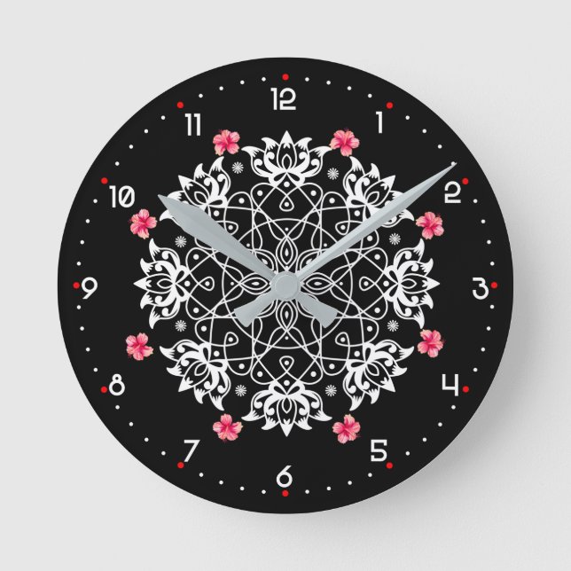 Reloj Redondo Mediano Rangoli blanco con hibisco (Anverso)