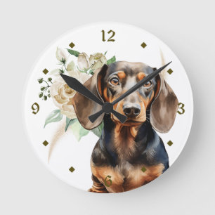 Reloj Redondo Mediano Raro blanco Bouquet Dachshund Perro