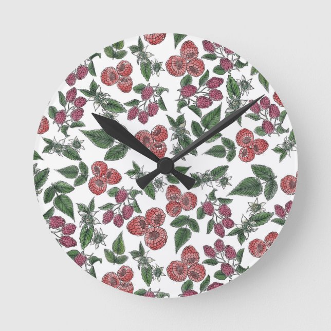 Reloj Redondo Mediano Raspberry Fruit Leaves Illustration Pattern (Anverso)