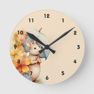 Reloj Redondo Mediano Ratón con flores de paraguas papel manchado