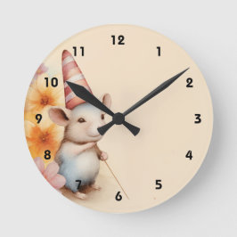 Reloj Redondo Mediano Ratón con flores rosadas naranja gorra a rayas