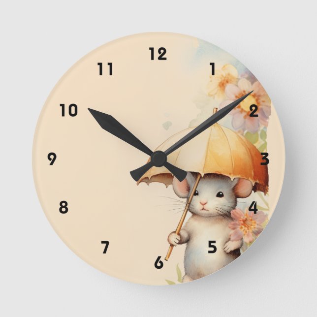 Reloj Redondo Mediano Ratón con fondo de agua de paraguas amarillo (Anverso)