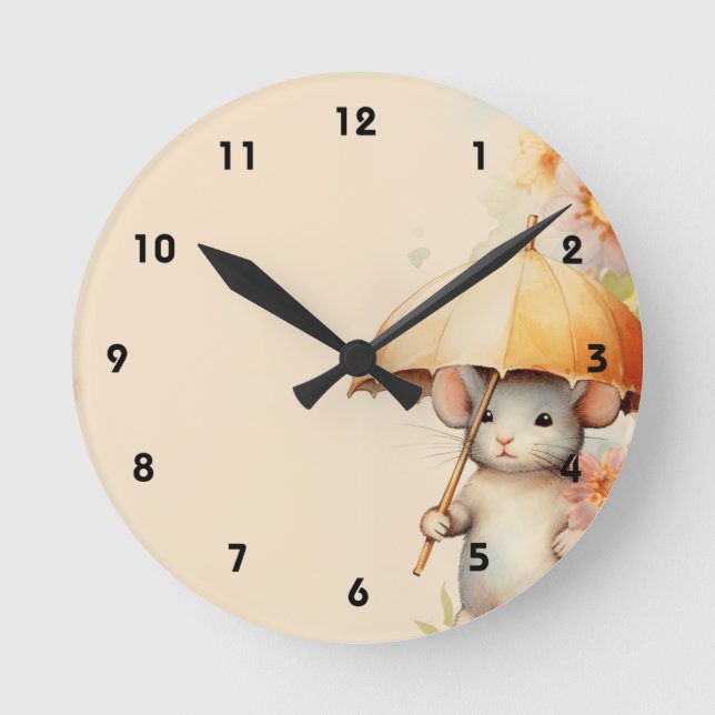 Reloj Redondo Mediano Ratón con fondo de agua de paraguas amarillo (Anverso)