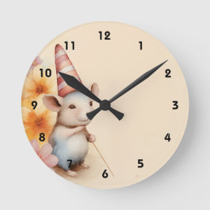 Reloj Redondo Mediano Ratón con sombrero de rayas flores naranjas rosada