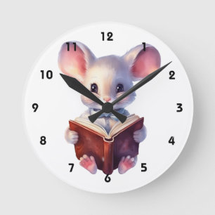 Reloj Redondo Mediano Ratón leyendo libro caprichoso lindo
