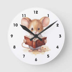 Reloj Redondo Mediano Ratón leyendo libro caprichoso lindo