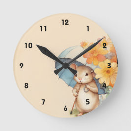 Reloj Redondo Mediano Ratón lindo paraguas naranja flores papel viejo
