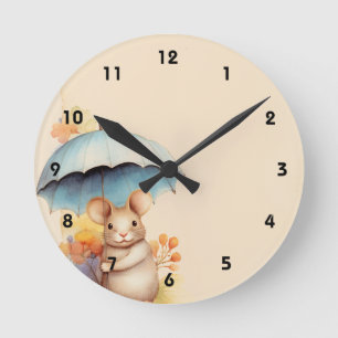 Reloj Redondo Mediano Ratón manchó papel paraguas azul flores naranjas