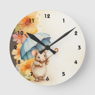 Reloj Redondo Mediano Ratón mordisqueando flores de caña manchó papel